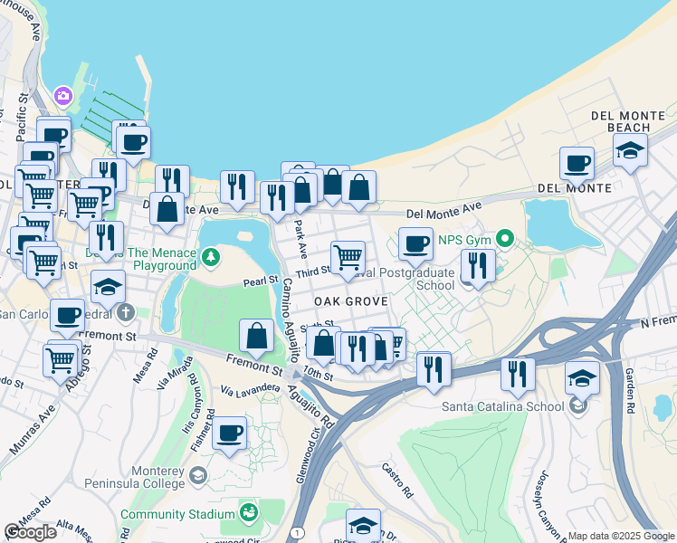 map of restaurants, bars, coffee shops, grocery stores, and more near 1142 Fourth Street in Monterey