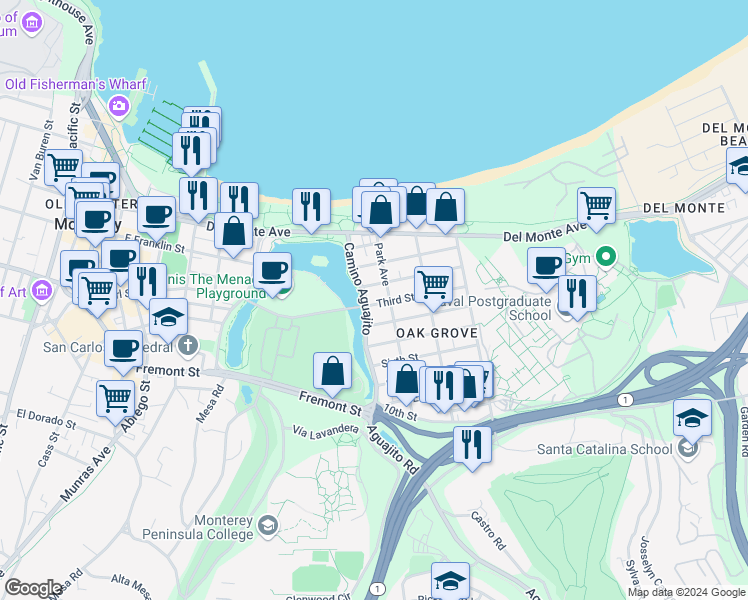 map of restaurants, bars, coffee shops, grocery stores, and more near 371 Camino Aguajito in Monterey