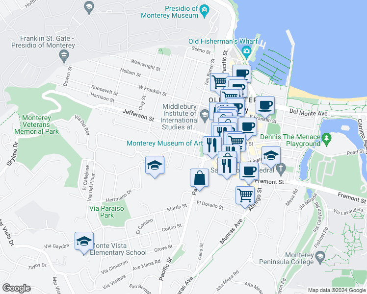 map of restaurants, bars, coffee shops, grocery stores, and more near 614 Van Buren Street in Monterey
