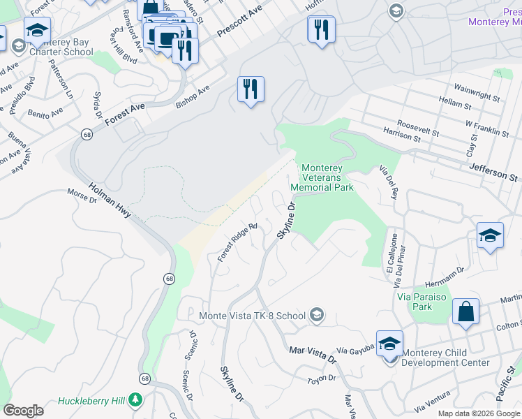 map of restaurants, bars, coffee shops, grocery stores, and more near 3 Overlook Place in Monterey
