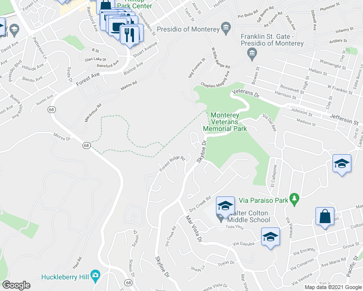 map of restaurants, bars, coffee shops, grocery stores, and more near 3 Overlook Place in Monterey