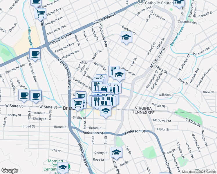 map of restaurants, bars, coffee shops, grocery stores, and more near 109 Piedmont Avenue in Bristol
