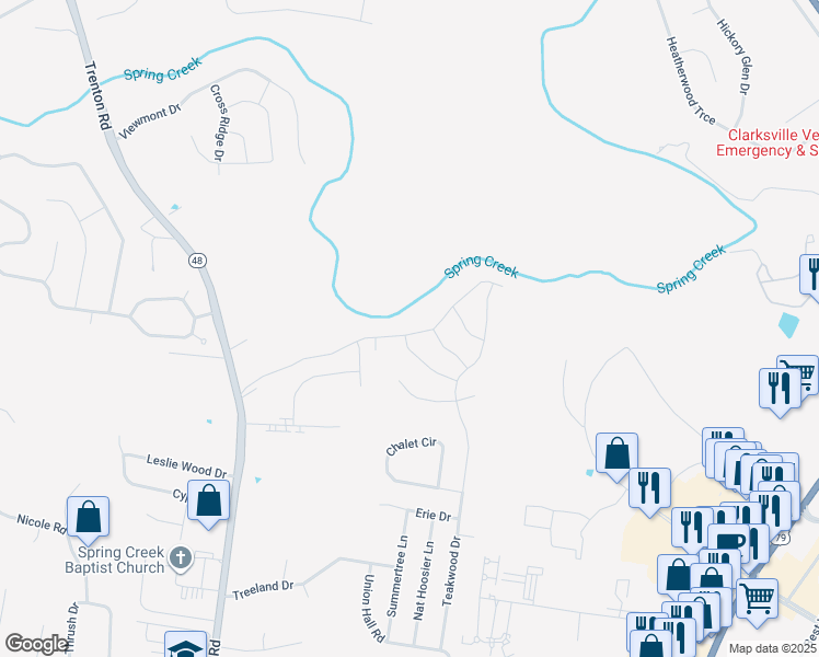 map of restaurants, bars, coffee shops, grocery stores, and more near 2983 Gibbs Lane in Clarksville