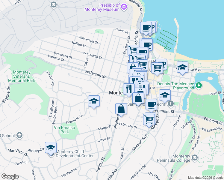 map of restaurants, bars, coffee shops, grocery stores, and more near 572 Van Buren Street in Monterey