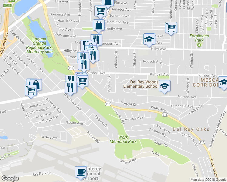 map of restaurants, bars, coffee shops, grocery stores, and more near 1021 Wheeler Street in Seaside