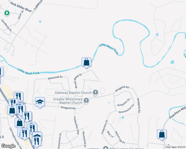 map of restaurants, bars, coffee shops, grocery stores, and more near 100 Heather Denise Court in Clarksville
