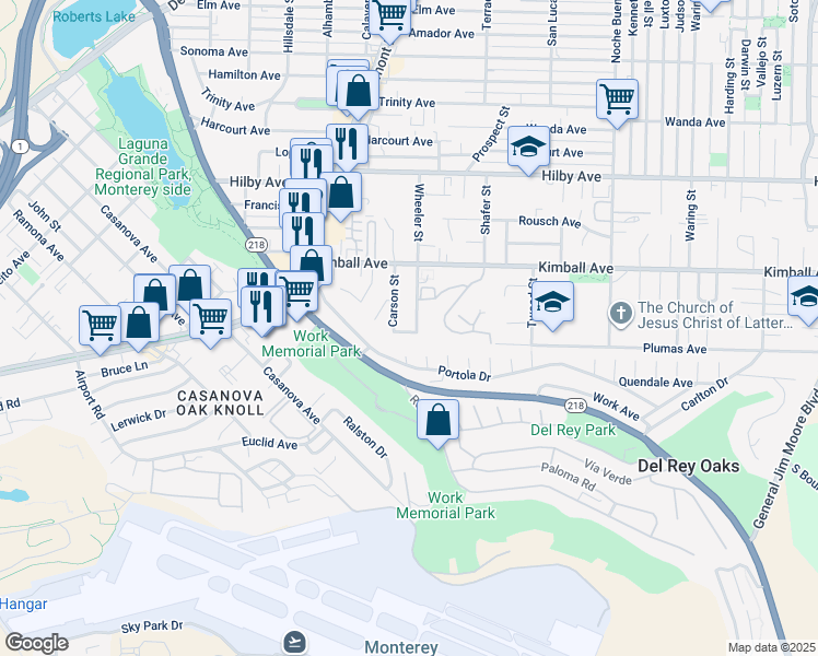 map of restaurants, bars, coffee shops, grocery stores, and more near 1021 Wheeler Street in Seaside