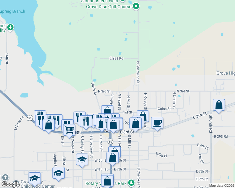 map of restaurants, bars, coffee shops, grocery stores, and more near 116 North Hazel Street in Grove