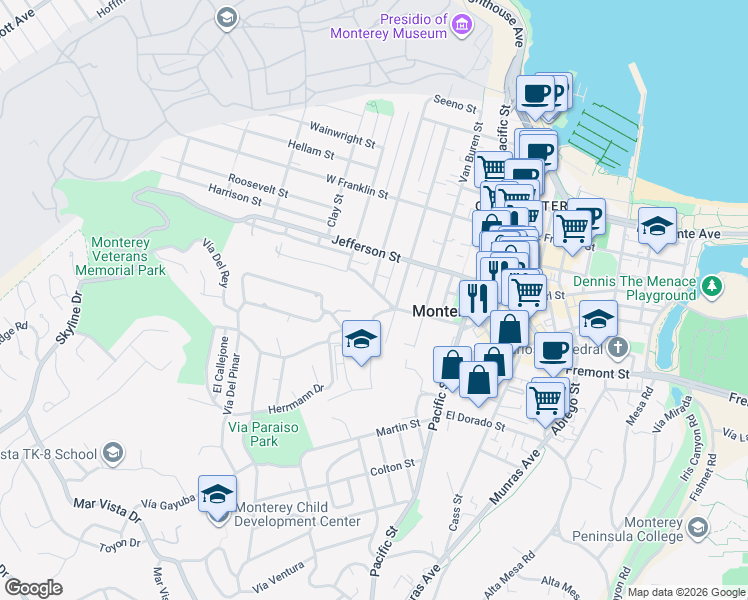 map of restaurants, bars, coffee shops, grocery stores, and more near 7 Herrmann Drive in Monterey