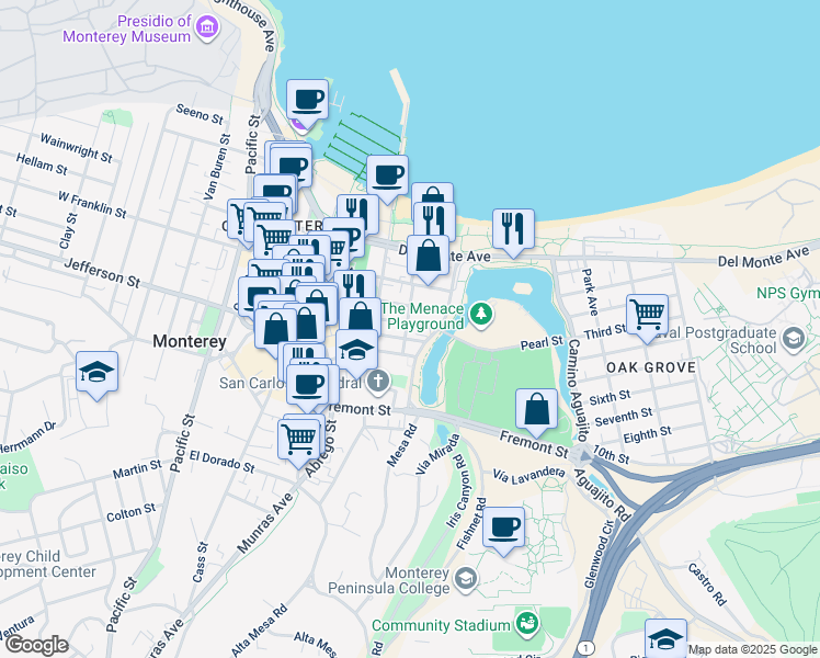 map of restaurants, bars, coffee shops, grocery stores, and more near 507 Cortes Street in Monterey