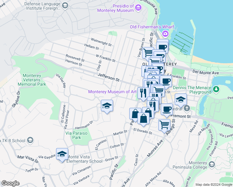 map of restaurants, bars, coffee shops, grocery stores, and more near 602 Madison Street in Monterey