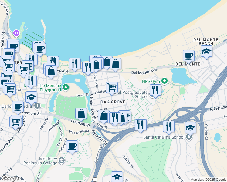 map of restaurants, bars, coffee shops, grocery stores, and more near 1220A Fourth Street in Monterey