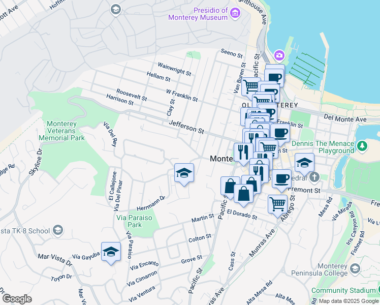 map of restaurants, bars, coffee shops, grocery stores, and more near 7 Herrmann Drive in Monterey