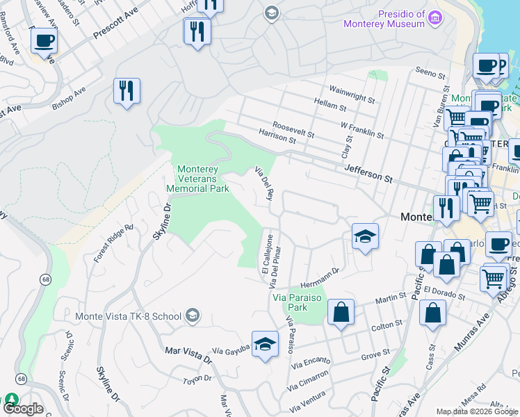 map of restaurants, bars, coffee shops, grocery stores, and more near 8 Vía Chiquita in Monterey