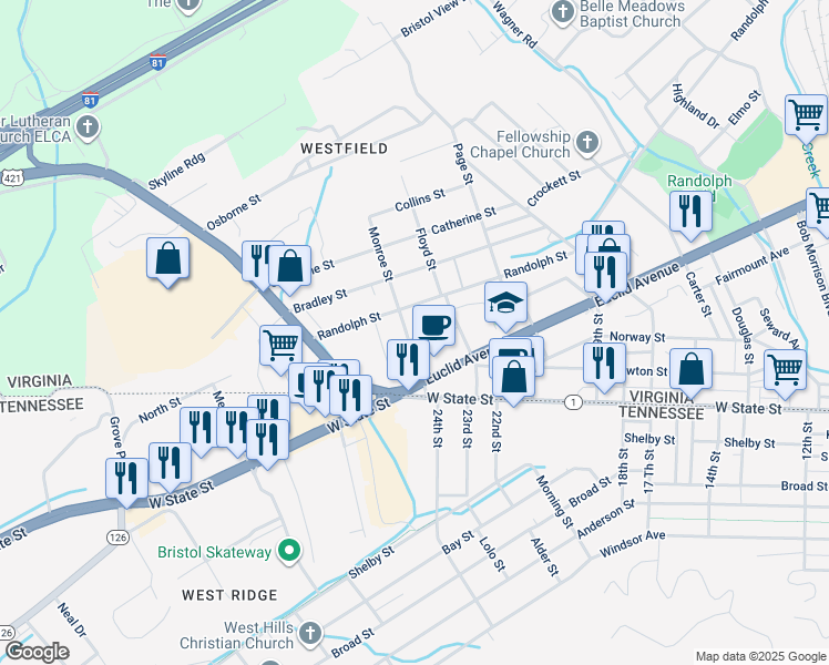 map of restaurants, bars, coffee shops, grocery stores, and more near Kay St in Bristol