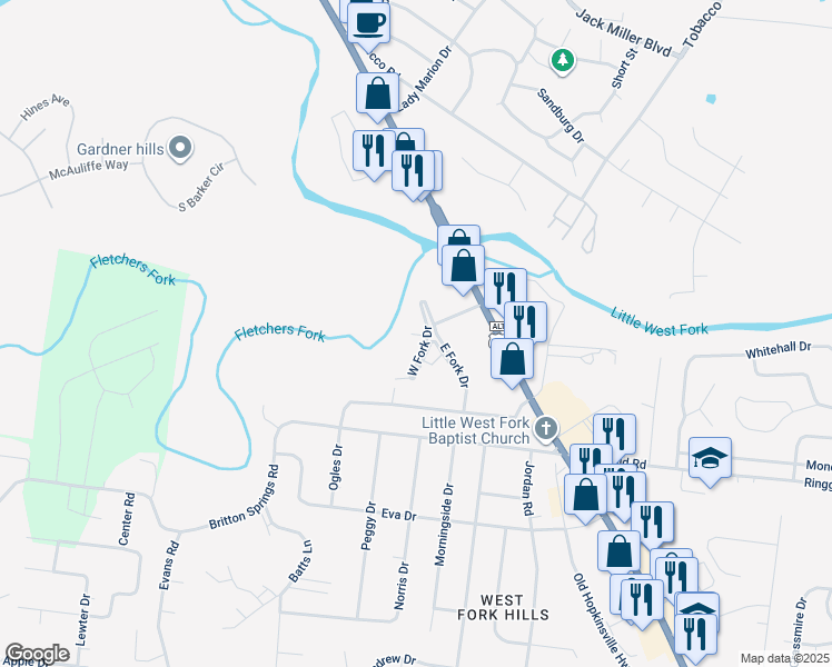 map of restaurants, bars, coffee shops, grocery stores, and more near 80 West Fork Drive in Clarksville