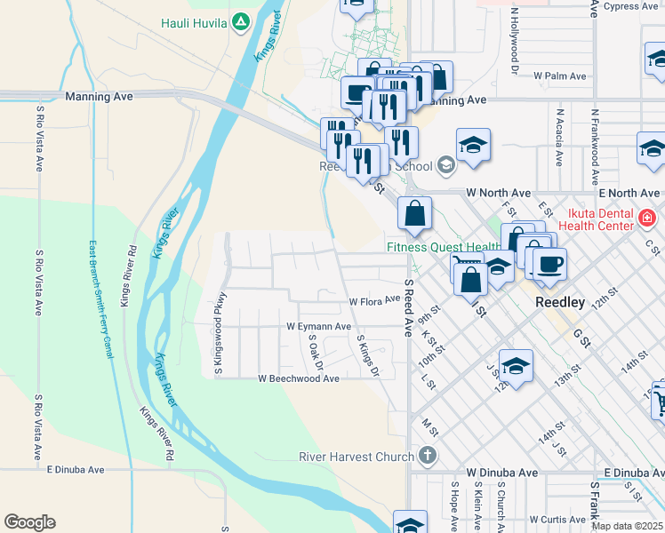map of restaurants, bars, coffee shops, grocery stores, and more near 195 North Kings Drive in Reedley