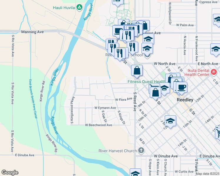 map of restaurants, bars, coffee shops, grocery stores, and more near 195 North Kings Drive in Reedley