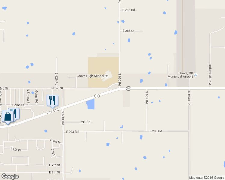 map of restaurants, bars, coffee shops, grocery stores, and more near 63401 East 290 Road in Grove