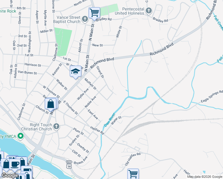 map of restaurants, bars, coffee shops, grocery stores, and more near 301 Girard Street in Danville