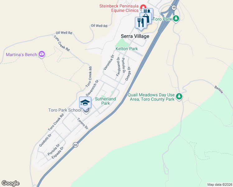 map of restaurants, bars, coffee shops, grocery stores, and more near 22331 Davenrich Street in Salinas