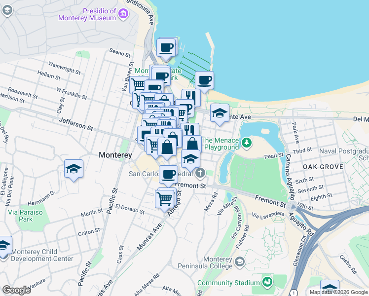 map of restaurants, bars, coffee shops, grocery stores, and more near 404 Pearl Street in Monterey