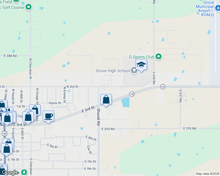 map of restaurants, bars, coffee shops, grocery stores, and more near 1102 North 3rd Street in Grove