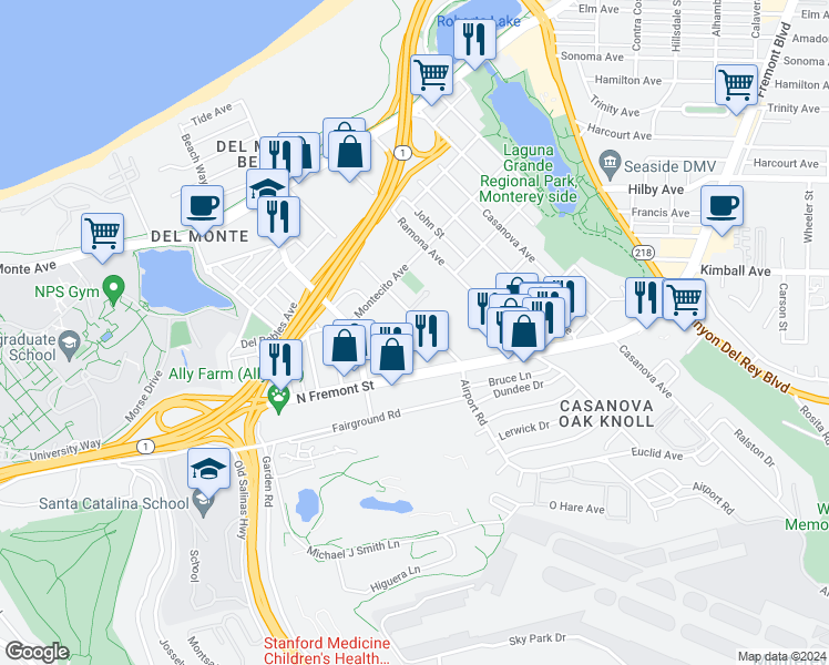 map of restaurants, bars, coffee shops, grocery stores, and more near 420 Dela Vina Avenue in Monterey