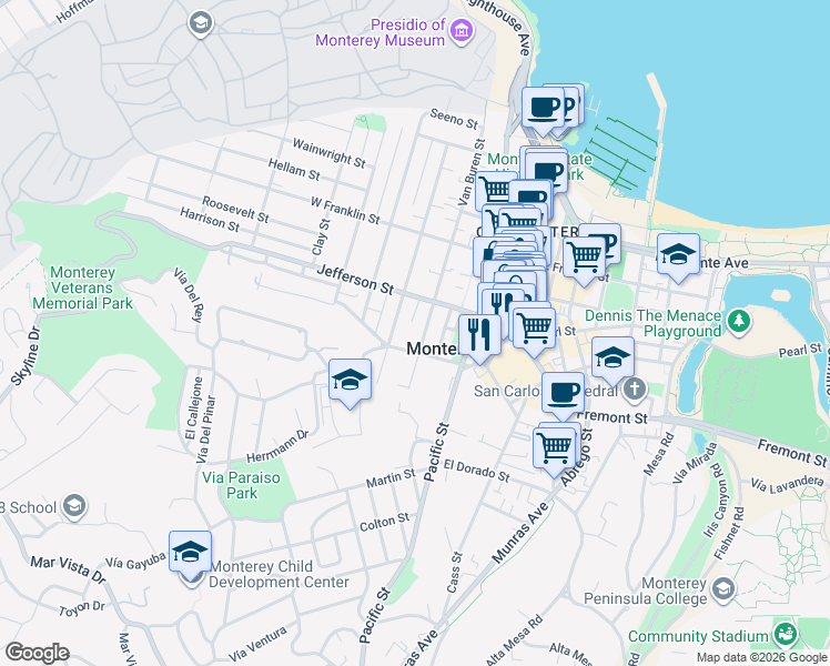 map of restaurants, bars, coffee shops, grocery stores, and more near 526 Union Street in Monterey