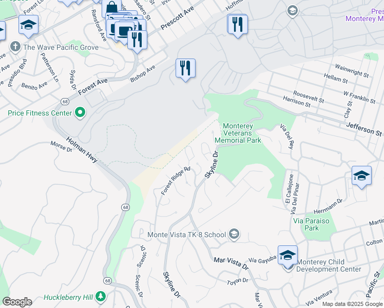 map of restaurants, bars, coffee shops, grocery stores, and more near 1330 Skyline Drive in Monterey