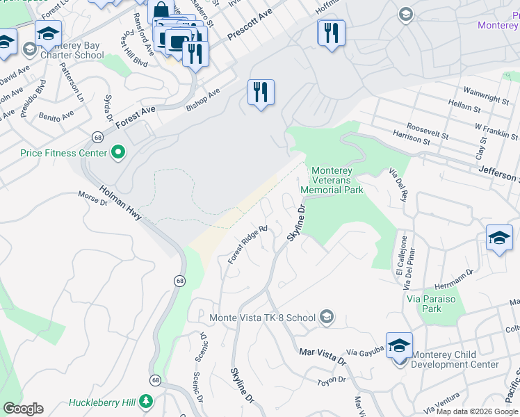 map of restaurants, bars, coffee shops, grocery stores, and more near 1330 Skyline Drive in Monterey