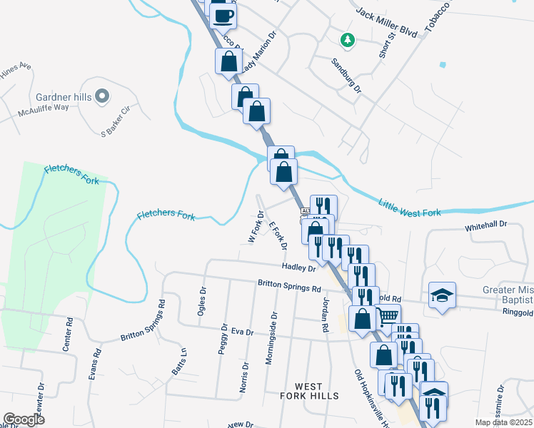 map of restaurants, bars, coffee shops, grocery stores, and more near 42 East Fork Drive in Clarksville