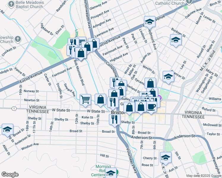 map of restaurants, bars, coffee shops, grocery stores, and more near 88-98 Commonwealth Ave in Bristol