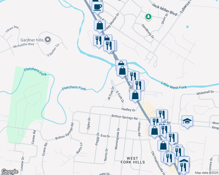 map of restaurants, bars, coffee shops, grocery stores, and more near 42 East Fork Drive in Clarksville