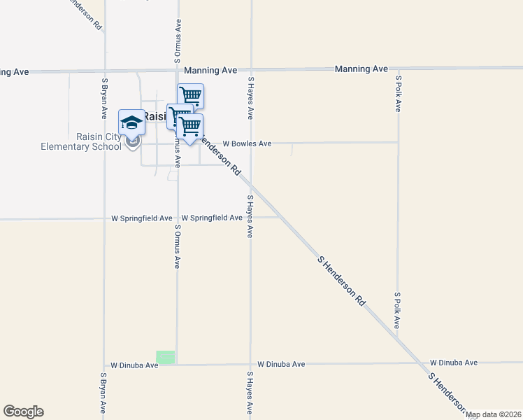 map of restaurants, bars, coffee shops, grocery stores, and more near 5920 West Springfield Avenue in Raisin City