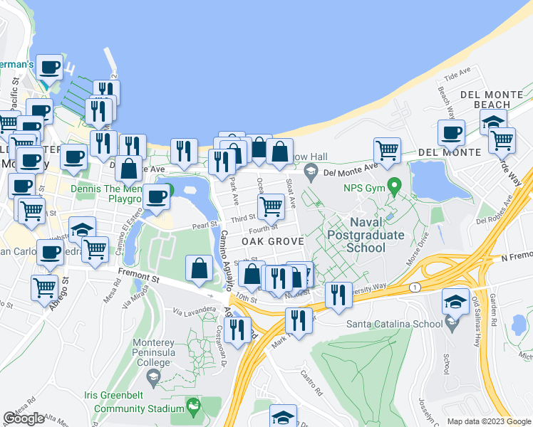 map of restaurants, bars, coffee shops, grocery stores, and more near Ocean Ave & Third St in Monterey