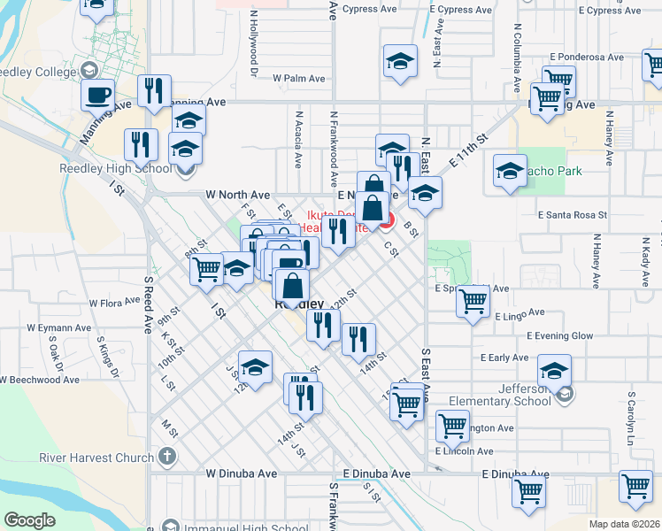 map of restaurants, bars, coffee shops, grocery stores, and more near 1095 E Street in Reedley