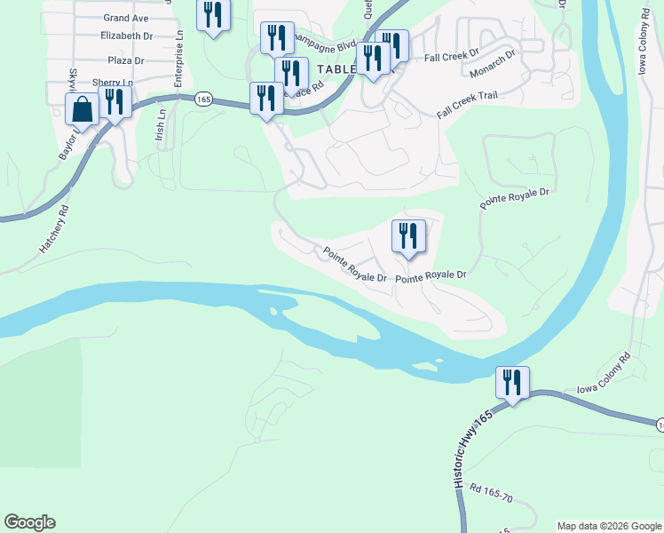 map of restaurants, bars, coffee shops, grocery stores, and more near 136 Devonshire Drive in Branson