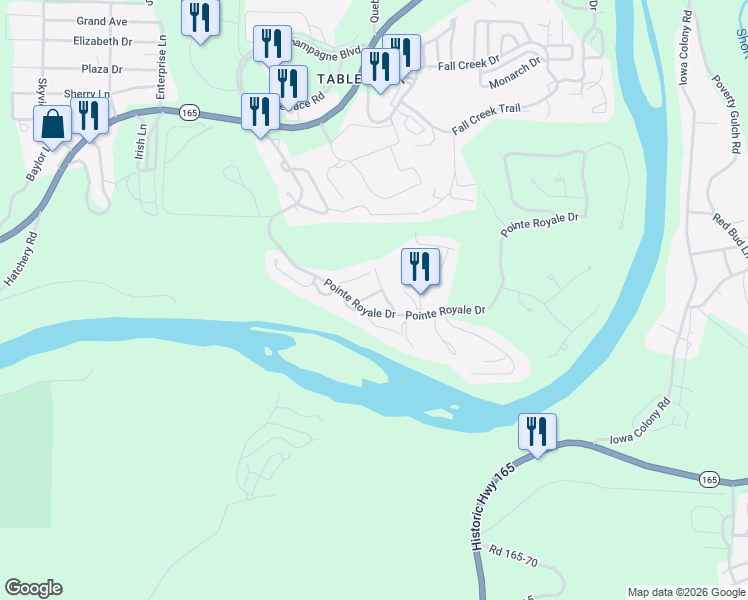 map of restaurants, bars, coffee shops, grocery stores, and more near 132 Highland Drive in Branson