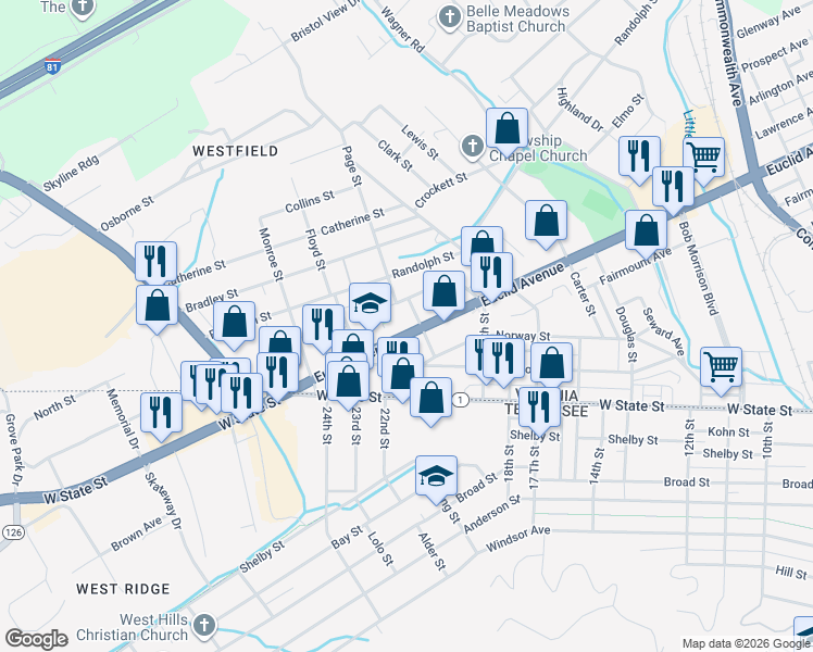 map of restaurants, bars, coffee shops, grocery stores, and more near 210 Lexington Avenue in Bristol