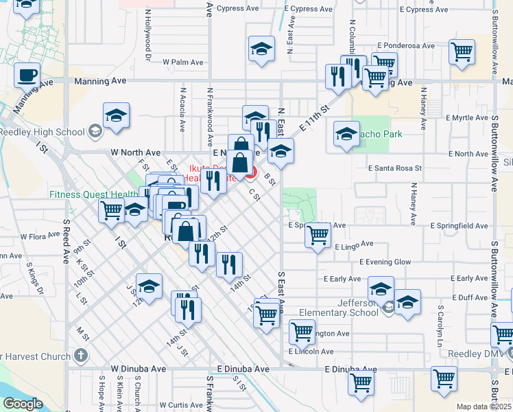 map of restaurants, bars, coffee shops, grocery stores, and more near 1131 C Street in Reedley