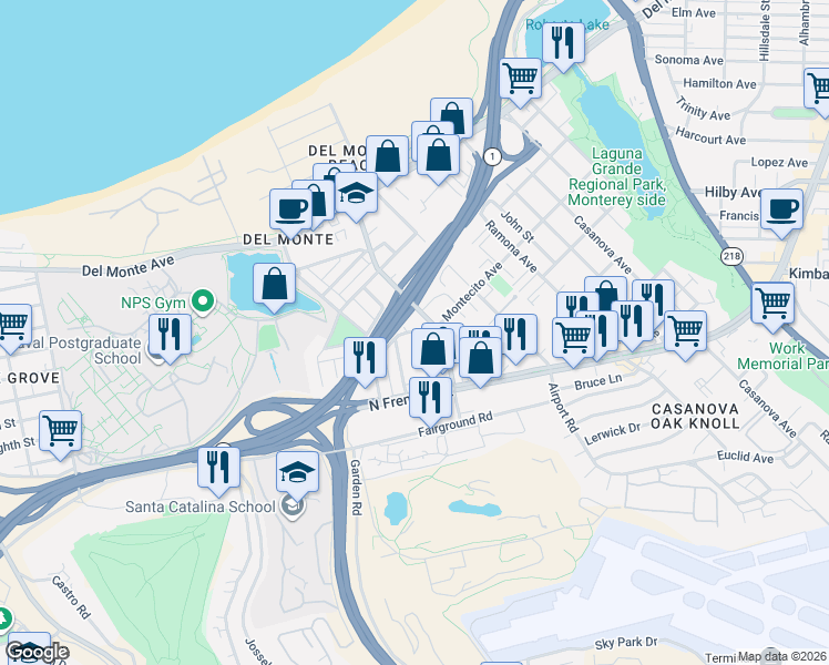 map of restaurants, bars, coffee shops, grocery stores, and more near 349 Del Robles Avenue in Monterey