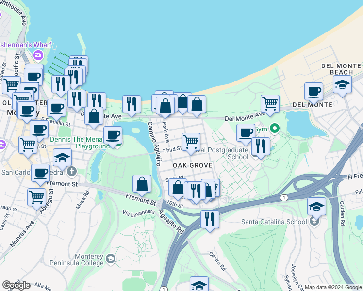 map of restaurants, bars, coffee shops, grocery stores, and more near 1173 Second Street in Monterey