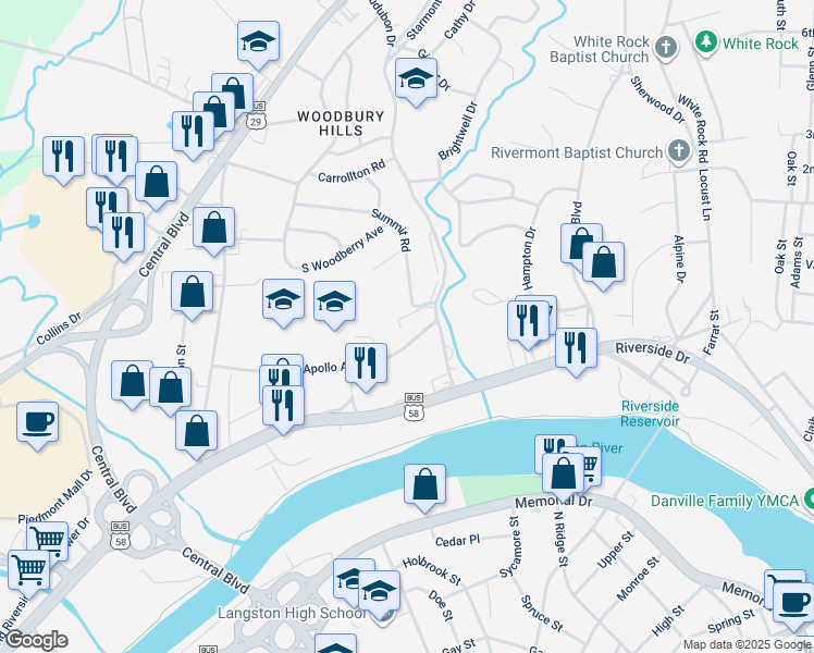 map of restaurants, bars, coffee shops, grocery stores, and more near 383 Summit Road in Danville