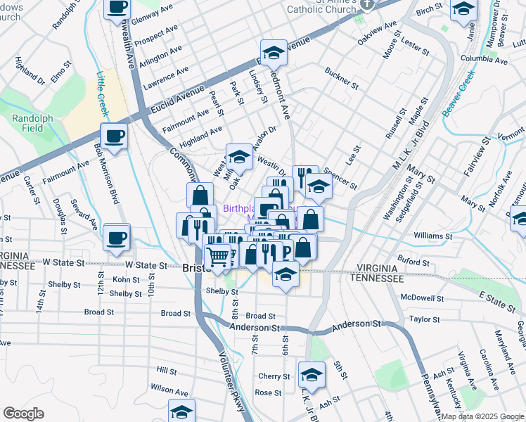 map of restaurants, bars, coffee shops, grocery stores, and more near 203 Solar Street in Bristol