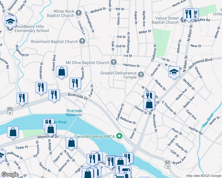 map of restaurants, bars, coffee shops, grocery stores, and more near 549 Madison Street in Danville