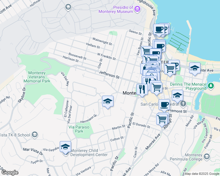 map of restaurants, bars, coffee shops, grocery stores, and more near 551 Watson Street in Monterey