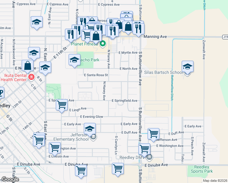 map of restaurants, bars, coffee shops, grocery stores, and more near 1388 East Red Beaut Circle in Reedley