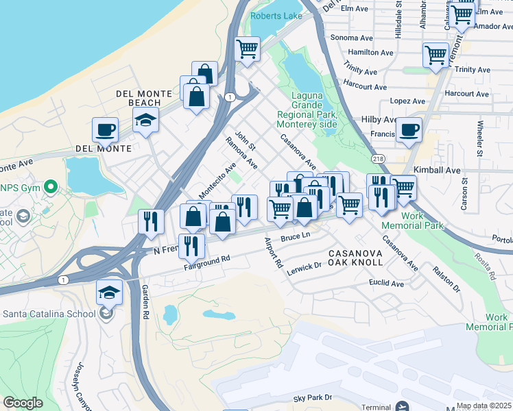 map of restaurants, bars, coffee shops, grocery stores, and more near 461 Dela Vina Avenue in Monterey