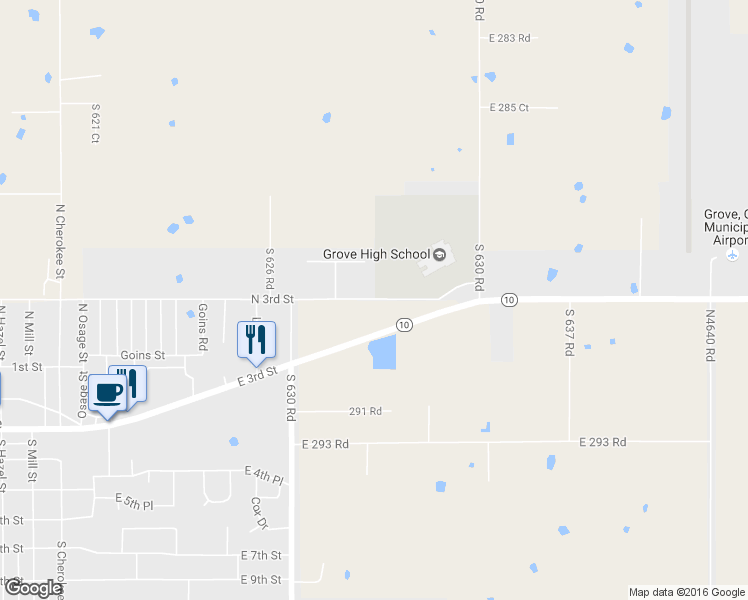 map of restaurants, bars, coffee shops, grocery stores, and more near 1102 North 3rd Street in Grove